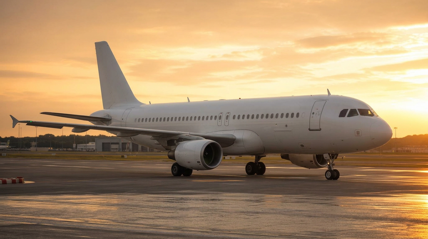 Commercial aircraft on the tarmac at dusk